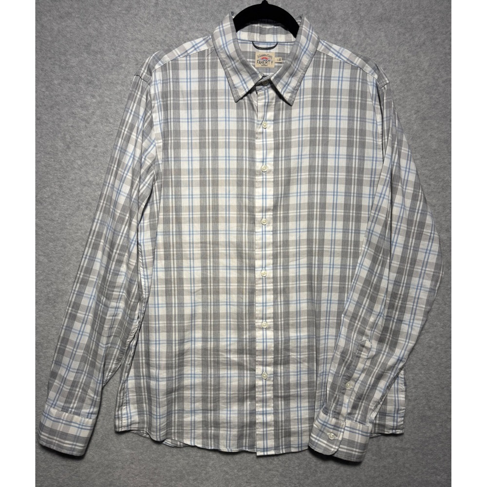 Faherty Brand Movement Shirt Mens Large L Grey Blue Plaid Button Down Stretch